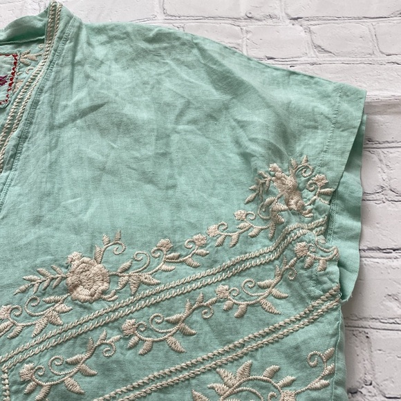 Johnny Was Linen Seafoam Mint Green Embroidered Pop Over Kimono Short Sleeve - Picture 7 of 13